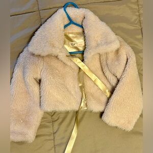 Size 4 Kids cropped Cream Faux Fur Jacket with gold ribbon closure